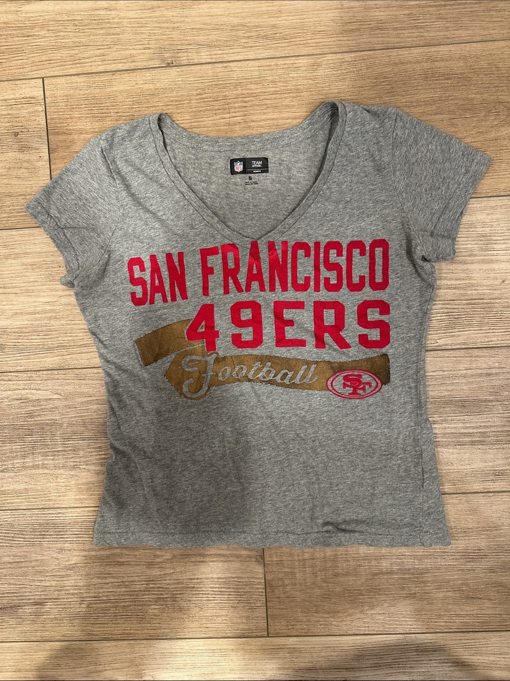 San Francisco 49ers NFL Women's Gray V-Neck Tee with Red Lettering